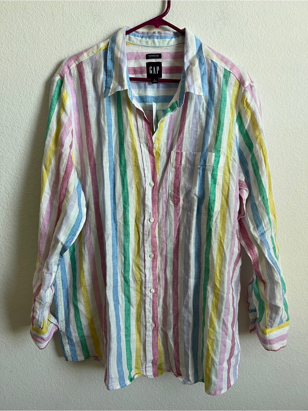 GAP Boyfriend Shirt 100% Linen Pastel Multistripe Button-Down Shirt L, Coastal